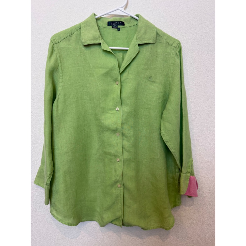 Lauren Ralph Lauren Lime Green 100% Linen Button Down Shirt Womens Medium LRL